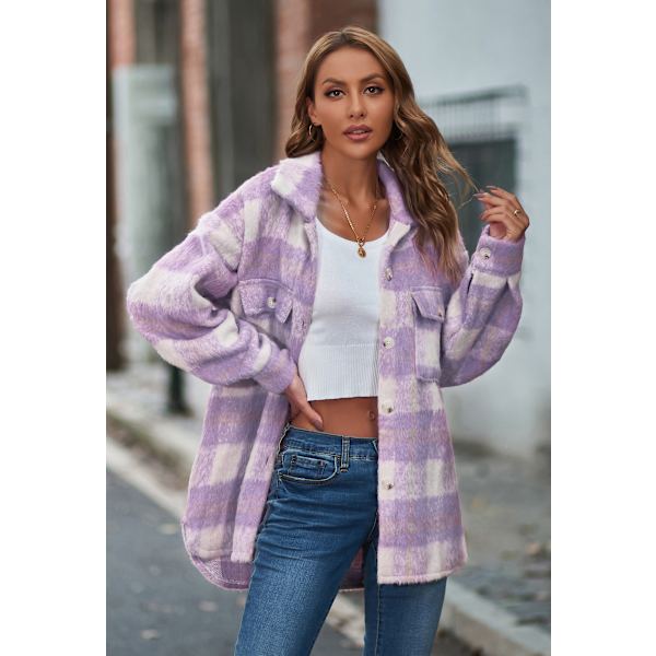 Dametøj Langærmet Casual Plaid Shacket Jakker Skjorter Lapel Tweed Peacoat Purple M