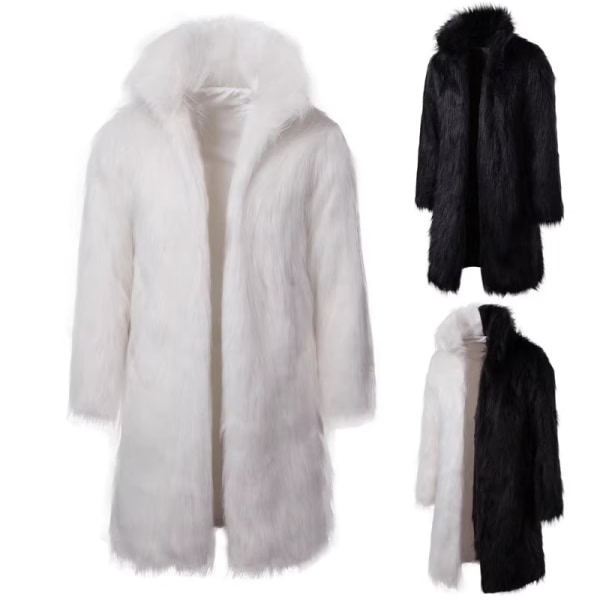 Mænds Luksuriøs Lang Kunstig Pels Frakke Vinter Fuzzy Fluffy Parka Overfrakke White XL
