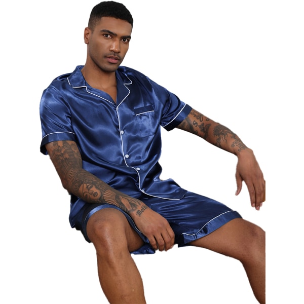 Men Satin Pyjamas Set 2 st Loungewear Button Down Pjs Set navy blue 2XL