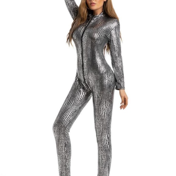 Sexig Python Skin Tight Jumpsuit för kvinnor silver XXL