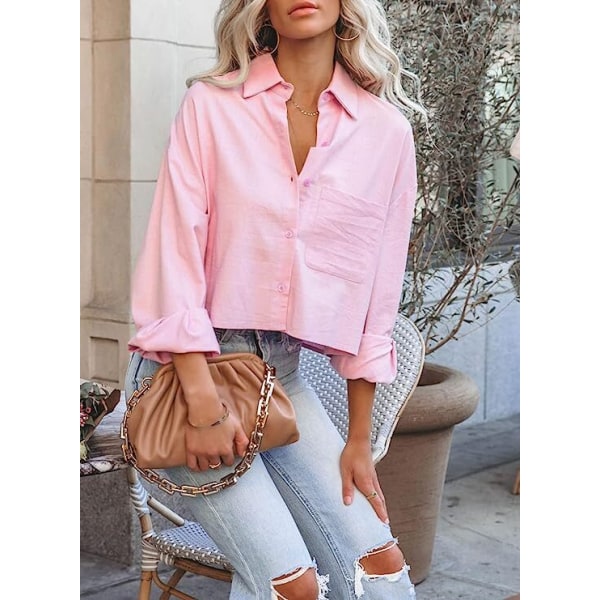 Kvinnors skjortor med knapp ner bomull Pink XL
