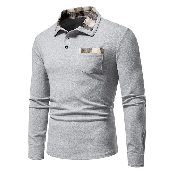 Herrar Långärmad Rutig Patchwork Lapel Casual Skjorta Gray L