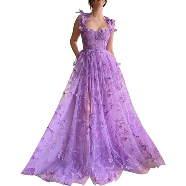 3D Butterfly Tulle Aftenskjole til Kvinder, Blonder Applikation Prinsesse Aftenskjole PURPLE 22W