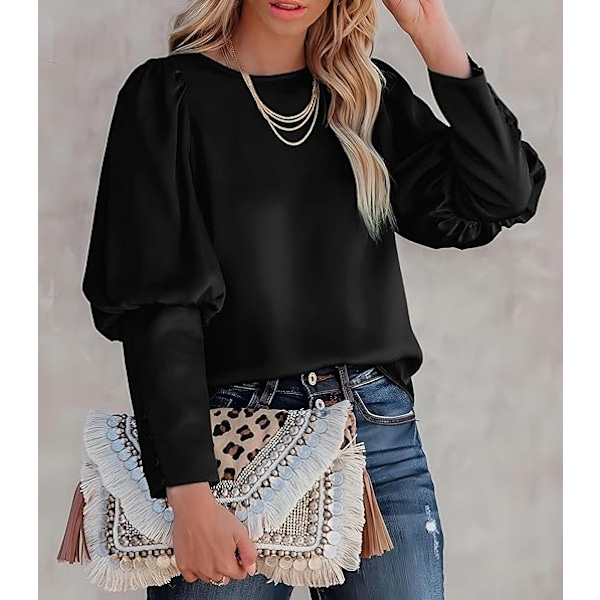 Satinbluse med Puff-ermer for kvinner - Avslappet og løs topp Black L
