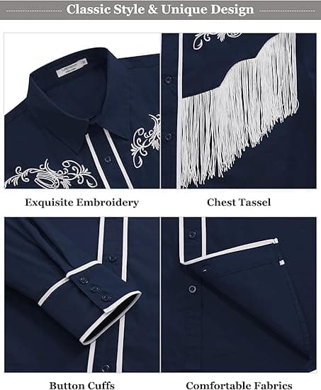 Långärmad herrskjorta med broderade fransar Blue L