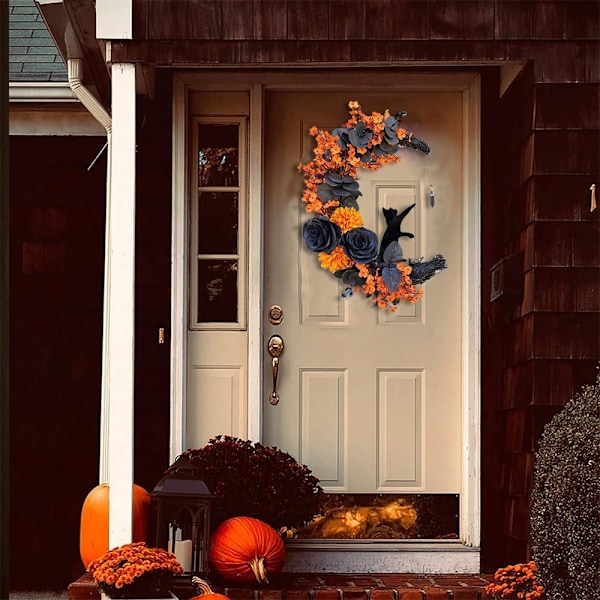 Halloween Halvmånekrans med Lys, Sort Måneblomst og Kattekrans Style 3