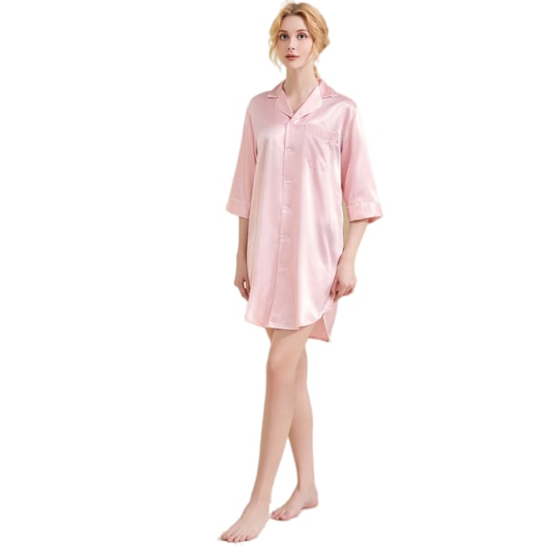 Kvinnors långärmade nattskjorta nattlinnen i satäng pink XL