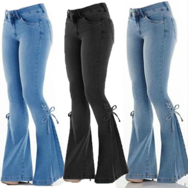 Jeans för kvinnor med mid midja Bell Bottom Jeans black L