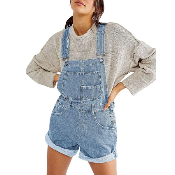 Naisten rento denim-haalarihousut, lyhyet haalarit Light Blue XL