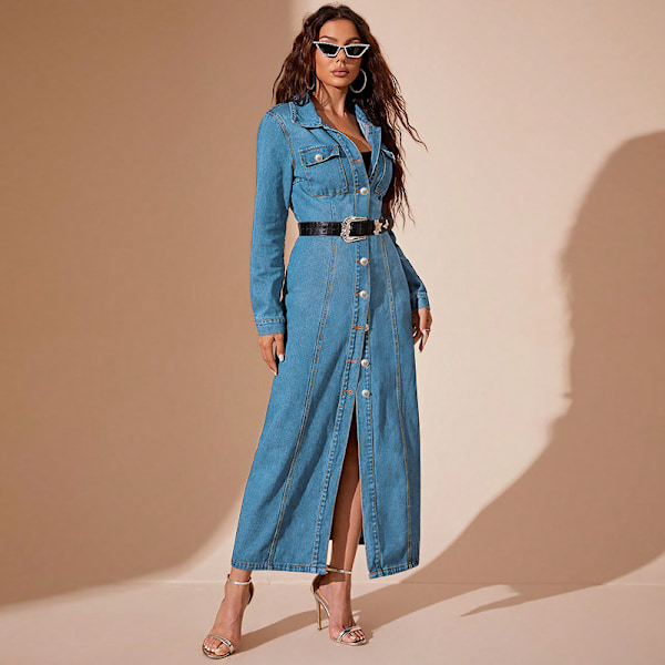 Lang denimkjole for kvinner, midi jeansskjortekjole Light Blue M