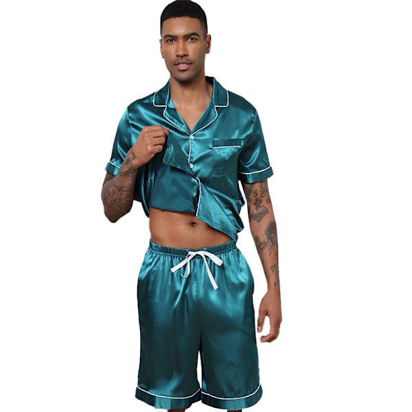 Män Satin Pyjamas Set 2 Delar Loungewear Knapp-Ner Pjs Set green M