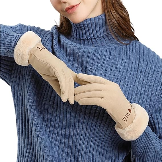 Dame Suede Handsker Søde Kat Fleeceforet Varme Handsker Beige