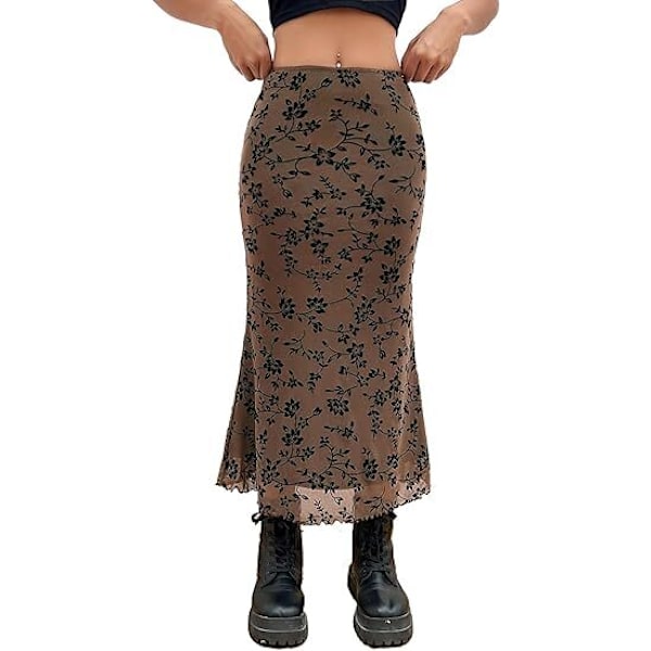 Lettuce Trim Hög Midja Mesh Fishtail Bodycon Lång Kjol för Dam brown M