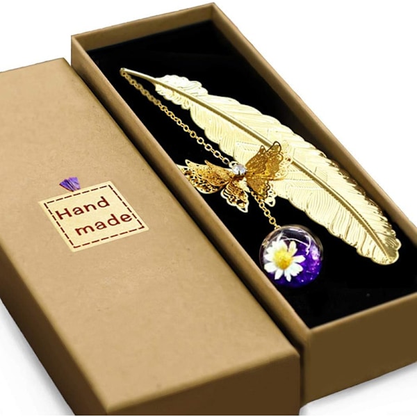 Metal Fjerbogmærke med Sommerfuglevedhæng Gold+Purple