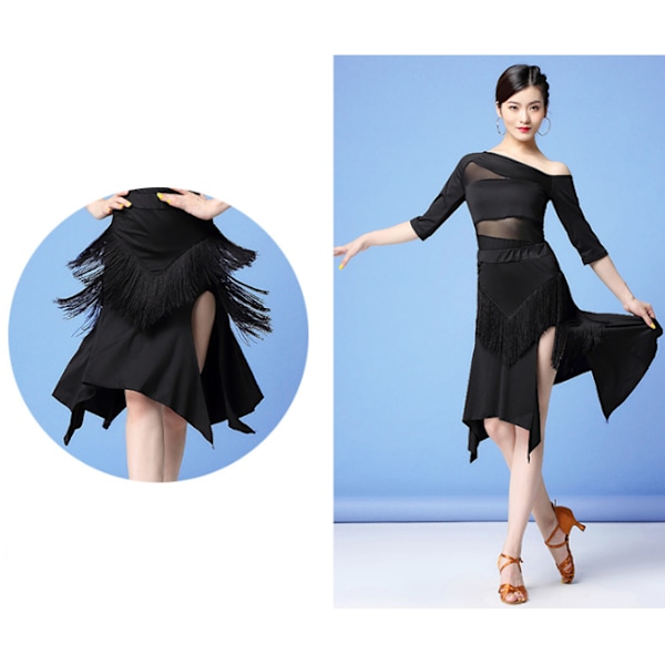 Naisten Latin Salsa Ballroom-tanssimekko Seksikäs Yläosa ja Sivuhaara Fringe-tanssihame Black M