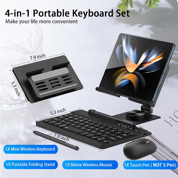 Samsung Galaxy Z Fold 6 5 4 Ställ och Tangentbord Mus, Portabelt Mini Bluetooth Tangentbord Black