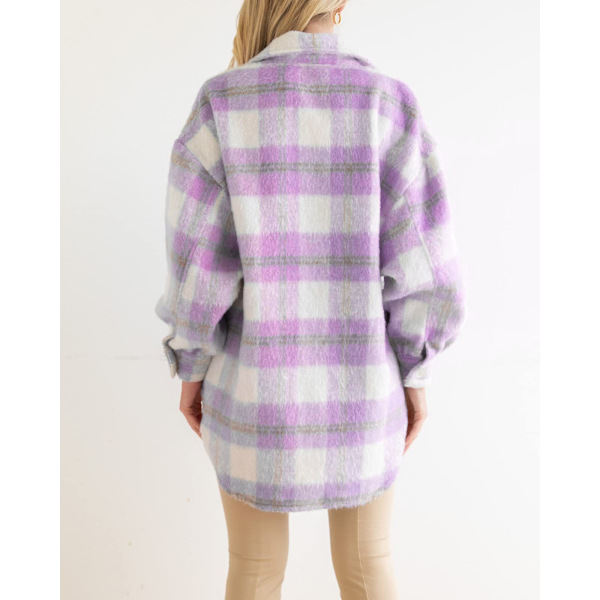 Dametøj Langærmet Casual Plaid Shacket Jakker Skjorter Lapel Tweed Peacoat Purple M