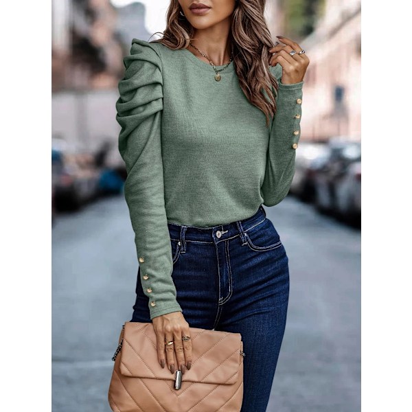 Kvinners Heldekkende Rundhals Puff Lang Erme Slim Fit Skjorte Topper Green M