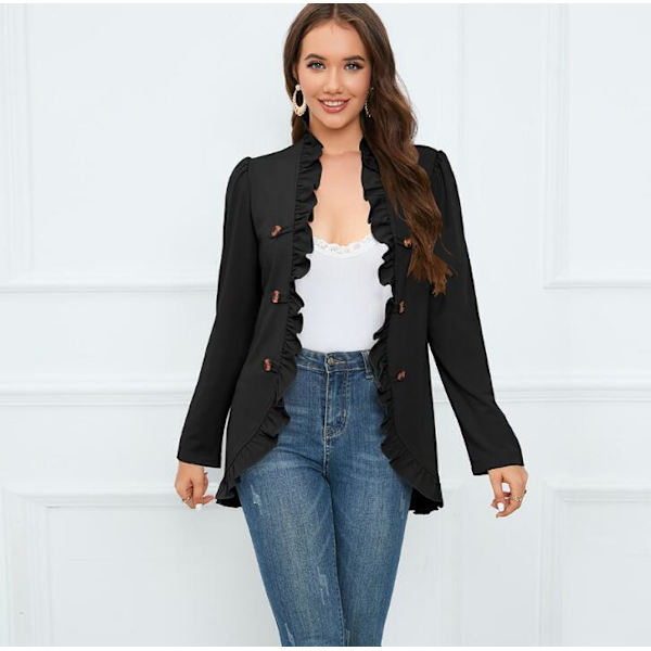 Kvinners Ruffled Lapel Knappelukking Jakke Black M