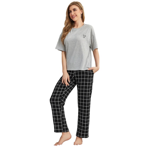 Dame Bomuld Linned Lounge Sæt Kortærmet Top Pyjamas Bred Loungewear Grey S