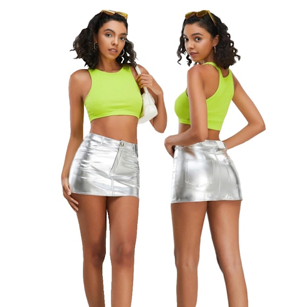 Dam Kjol, Hög Midja, Bodycon, Mini, Konstläder Silver M
