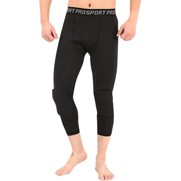 Mænds 3/4 Capri Basketball Bukser med Knæpuder Polstrede Kompressions Leggings Black 2XL