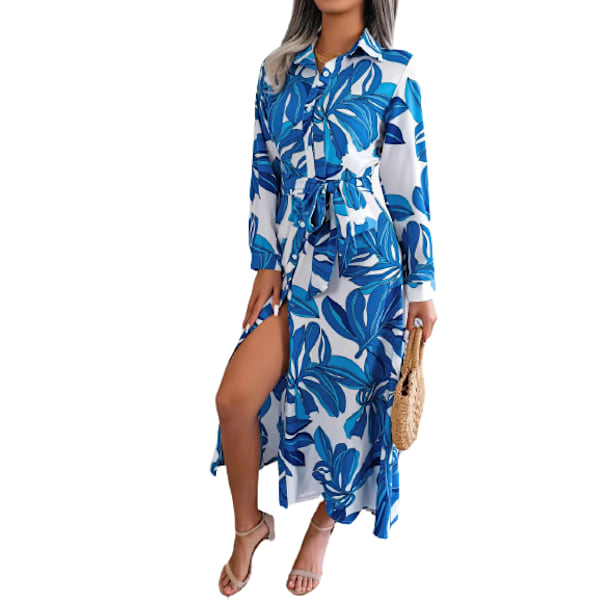 Elegant Damekjole med Langærmer, Lapel og A-linje Blue M