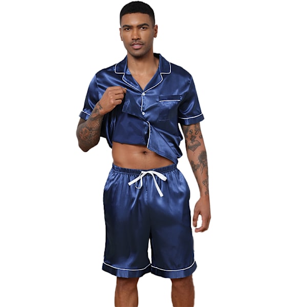 Män Satin Pyjamas Set 2 Delar Loungewear Knapp-Ner Pjs Set navy blue L