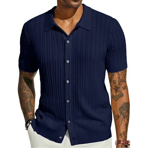 Miesten neulepaidat Vintage lyhythihainen napitettava paita dark blue 2XL