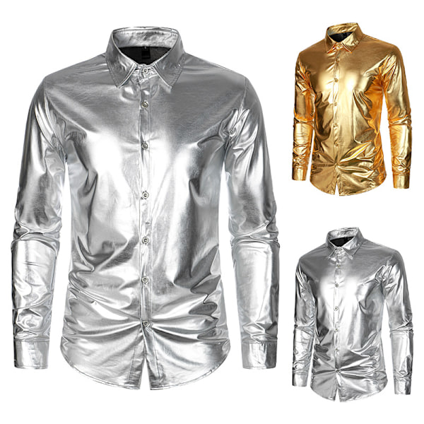 Mænds luksuriøse skinnende silkelignende satin-skjorte med knapper Silver XL