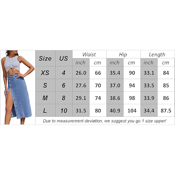 Naisten korkeavyötäröinen pestu nappikiinnitys denim-pitkähame Light Blue XS