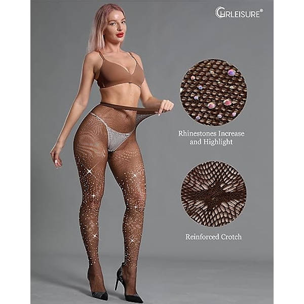 Kvinders Glimmer Rhinestone Fiskenetstrømper Coffee