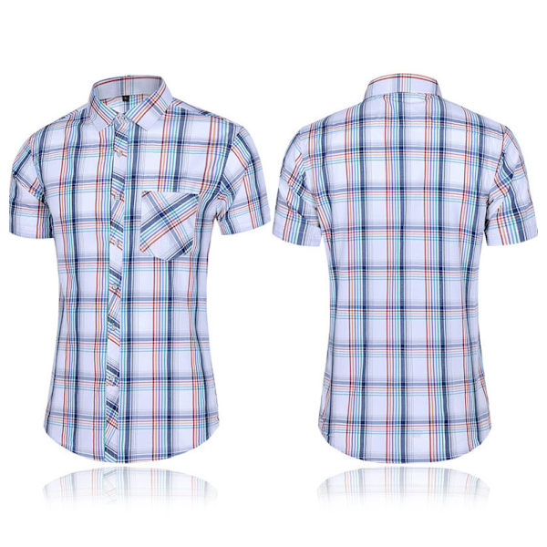 Mænds Plaid Casual Kortærmet Knaplåst Skjorte Light Blue 4XL