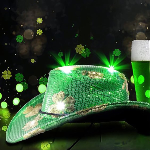 LED Light Up Shamrock St Patrick's Cowboyhatt för män och kvinnor Green