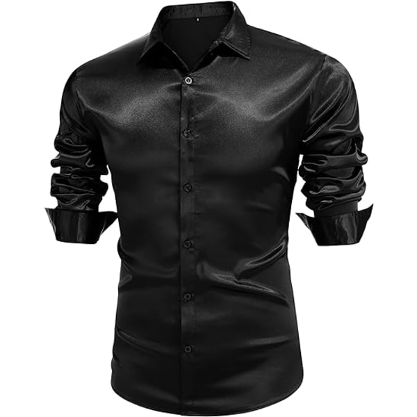 Långärmade klänningskjortor i sidensatin för män Glänsande Casual Button Down-skjorta Black L