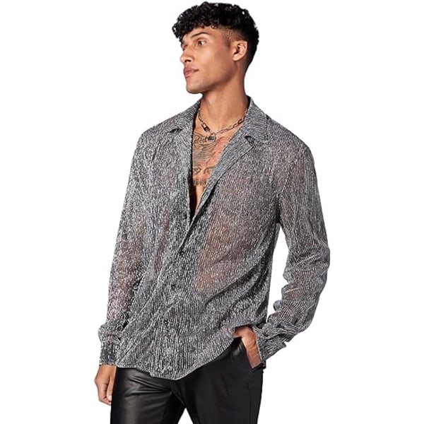 Menn's Gjennomsiktig Mesh Glitter Knapp-Front Langærmet Skjorte Topper 3XL