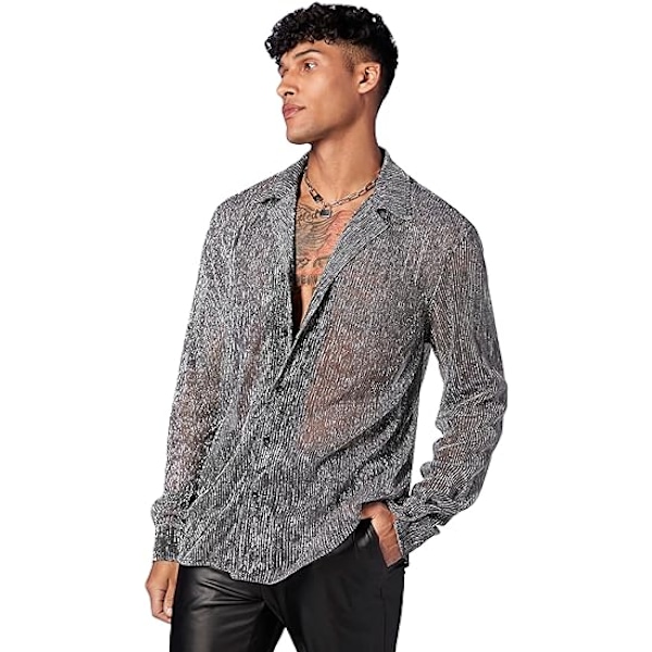 Menn's Gjennomsiktig Mesh Glitter Knapp-Front Langærmet Skjorte Topper M