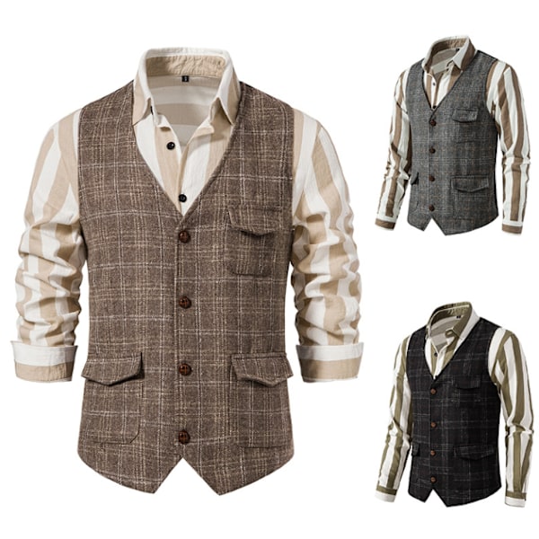 Herrevest for Bryllup Rutete Myk Ull Tweed Vest khaki M