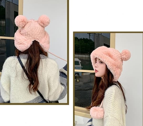 Vinterlue med fluffy strikk for kvinner Pink