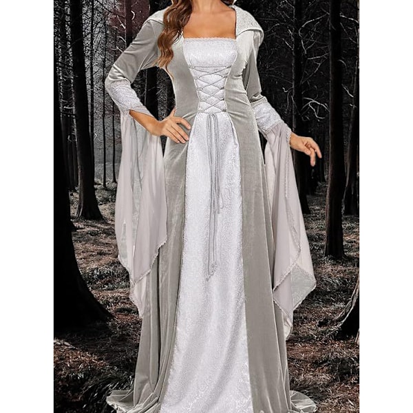 Deluxe Hexe Kjole Kostume til Kvinder, Vintage Broderet Renaissance Gotisk Hættede Vampyr Kjole Silver 3XL