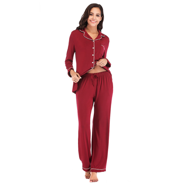 Pyjamas Set för Kvinnor, Långärmad, Knappar, Nattkläder, Bomull, Pj-Set Red XL