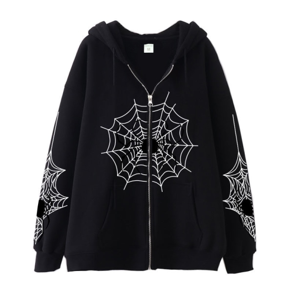 Dame Y2k Lynlås Spider Grafisk Hoodie Halloween Rhinestone Oversized Hoodies black XXXL