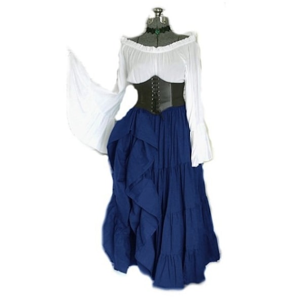 Kvinders Renaissance Middelalder Kostume Flare Ærme Korset Skørt Overskørt Fancy Dress Blue 5XL