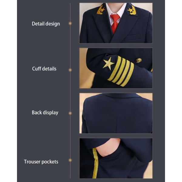 Kostym pojkar kapten uniform pilot klänning 120cm