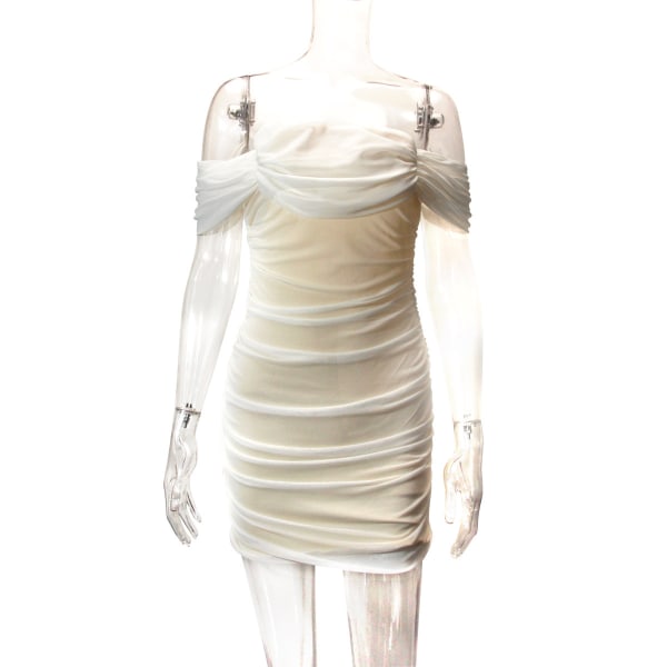 Kvinnors Mini Ruchad Bodycon Klänning Off Shoulder Ärmlös Cocktail Party Kort Sittande Klänning white M