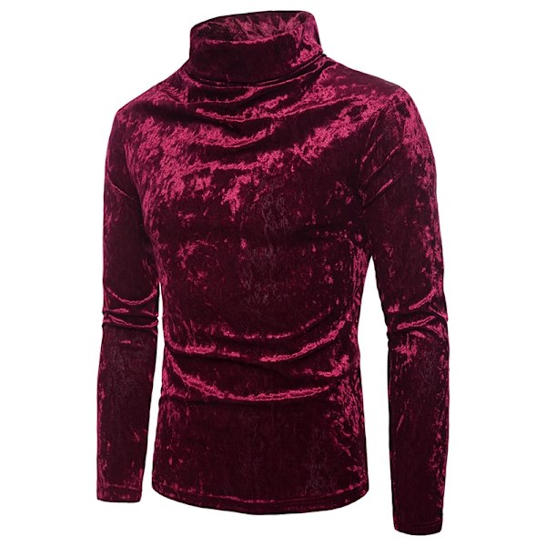 Herrar Sammet Långärmad Skjorta Turtleneck Slim Fit Topp Red M