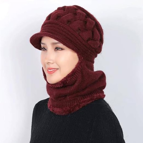 Fleeceforet Beanie Hat til Kvinder Vinterhat Halsklæde Maske Sæt Red