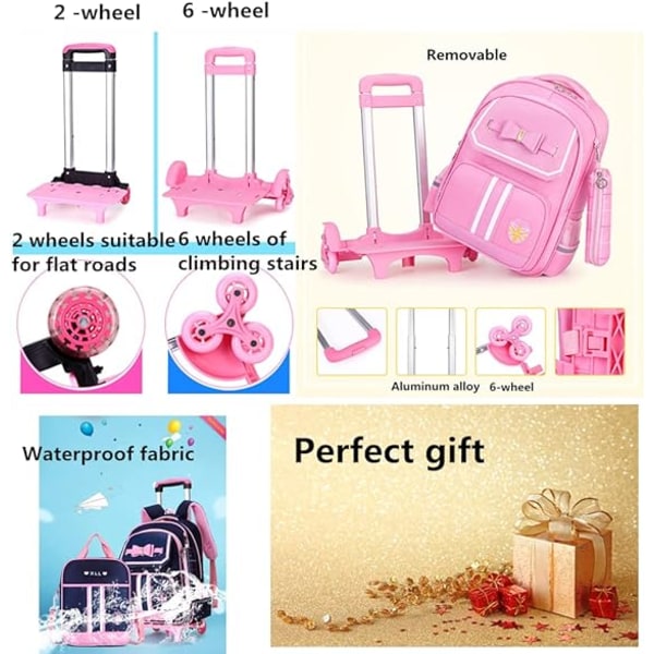 Girl's Rolling Trolley Skolväska Grundskoleväska med Crossbody-väska Pink