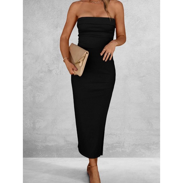 Sommerkjole for kvinner, Bodycon Maxi Tubekjole, Ribbet Stroppeløs Kjole med Side Split black M