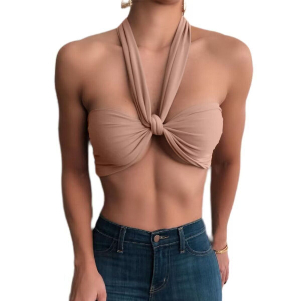 Sleeveless Cross Self Tie Backless Crop Top för kvinnor Khaki